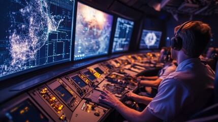 Poster - Operators in a control room engage with complex data and visual displays, showcasing high-tech equipment during a late-night operation focused on monitoring important systems and information.