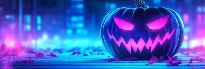 a spooky jack-o'-lantern glows with pink light against a blurry neon city backdrop.