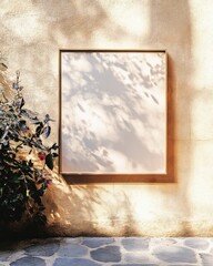 Aufkleber - Golden Hour Poster Mockup on Rustic Beige Brick Wall with Plant Shadows in Cozy Outdoor Courtyard Setting
