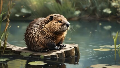 Wall Mural - Serene pond setting featuring a brown beaver resting on a log, capturing a tranquil moment in nature