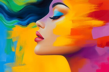 Poster - Abstract colorful portrait of a woman with closed eyes and red lipstick, with brushstroke style.