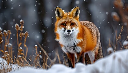 Wall Mural - Alert fox surveying its snowy surroundings, captivating gaze focused on the camera