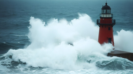 Wall Mural - Lighthouse Surrounded by Powerful Ocean Waves