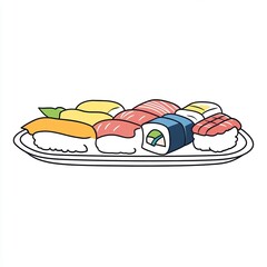 Delight in a charming sushi platter design that showcases an array of sushi types, all in soft pastel shades against a clean white background