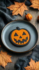 Sticker - Spooky Halloween pumpkin cookie on a plate with autumn leaves.