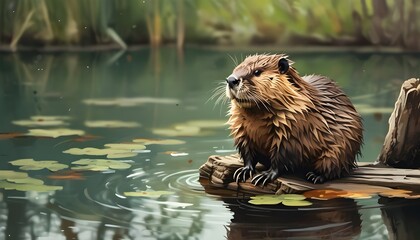 Wall Mural - Serene pond setting featuring a brown beaver resting on a log, capturing a tranquil moment in nature