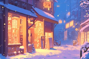 Snowy City Street Scene with Gentle Snowfall and Warmly Lit Shop Windows, Generative AI 