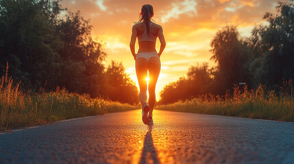 fit female athlete runs on a racetrack, her toned back muscles highlighted in motion. The image symbolizes perseverance, strength, and the journey of personal growth through dedication and endurance