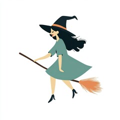 A charming witch rides her broomstick with confidence, showcasing a stylish dress and hat, all illustrated in a simple, flat design with soft pastel colors