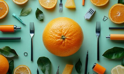 A vibrant orange surrounded by various utensils and objects on a mint green background.