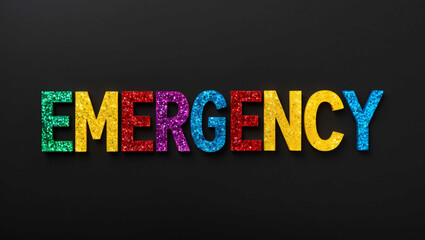 emergency word lettering made of colorful glitter shining effect on plain black background