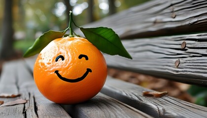 cheerful orange resting on a rustic wooden bench