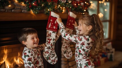 children in matching christmas pajamas, giggling as they hang stockings on a decorated fireplace, th