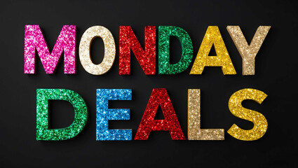 Wall Mural - Monday deals word lettering made of colorful glitter shining effect on plain black background