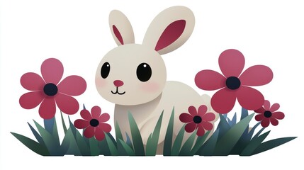 Poster - Cute Cartoon Bunny Rabbit with Pink Flowers in Grass