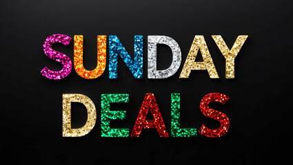 Sticker - Sunday deals word lettering made of colorful glitter shining effect on plain black background