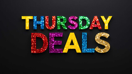 Wall Mural - Thursday deals word lettering made of colorful glitter shining effect on plain black background