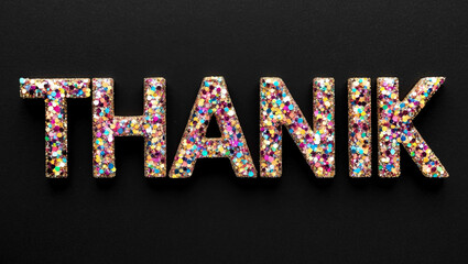 Thank you word lettering made of colorful glitter shining effect on plain black background