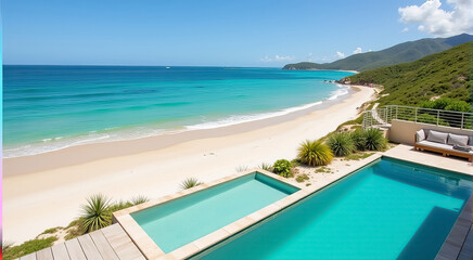 Serene beachfront view featuring a clear pool and turquoise waters under a blue sky in a tropical paradise