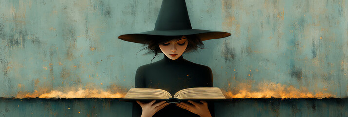 A young woman in a witch's hat reads an open book with glowing pages.