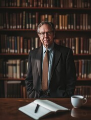 Fototapete - A professor poses with confidence in a suit beside a large bookshelf packed with books, showcasing scholarly expertise and professionalism. Generative AI