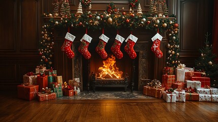 Wall Mural - Kids hanging stockings on a grand fireplace overflowing with festive garlands, twinkling lights, and ornaments, surrounded by beautifully wrapped gifts,