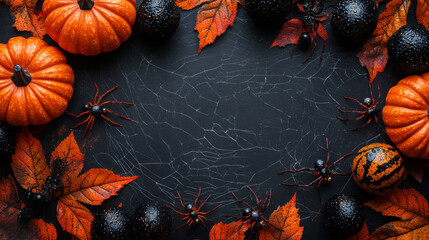 Halloween pumpkins, spiders and leaves on black background.