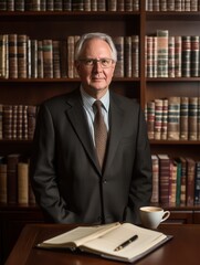 Fototapete - A professor in a dark suit poses confidently next to an extensive collection of books, embodying academic authority and expertise. Generative AI