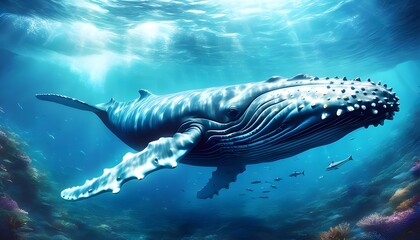 Wall Mural - majestic humpback whale gracefully gliding through crystal-clear underwater depths