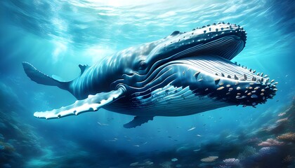 Wall Mural - majestic humpback whale gracefully gliding through crystal-clear underwater depths