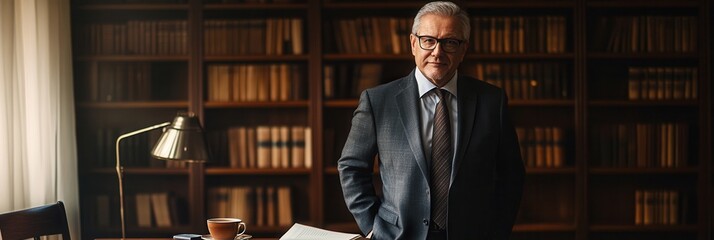 Fototapete - A distinguished professor in a suit poses confidently before a well-stocked bookshelf in his academic office setting. Generative AI