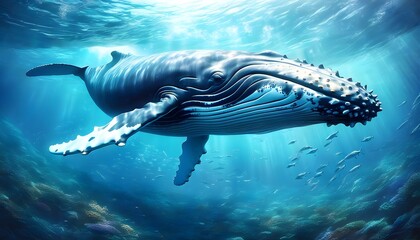 Wall Mural - majestic humpback whale gracefully gliding through crystal-clear underwater depths