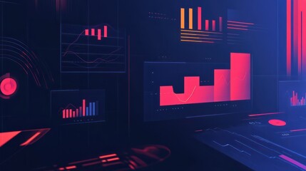 Poster - A sleek business background with flat geometric illustrations of charts and graphs, perfect for financial presentations