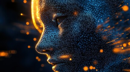 Poster - An intricate image depicting a human face outline formed by digital networks, embodying modern tech and AI