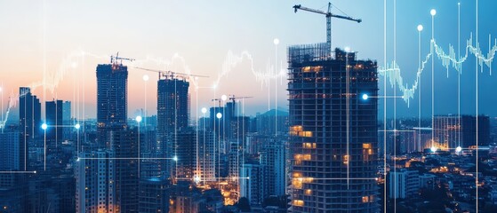 Highrise buildings under construction with charts showing loan growth and financial trends, real estate loan, property market investment