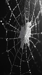 A delicate spider web glistening with morning dew.
