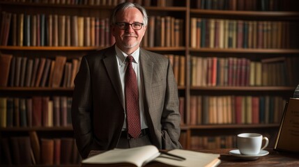 Aufkleber - A distinguished professor stands with a confident posture in a suit, surrounded by shelves of books in a scholarly environment. Generative AI