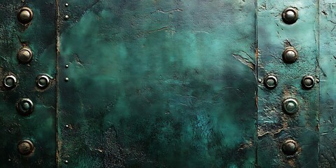 Wall Mural - Textured metallic surface with green patina and rivets.