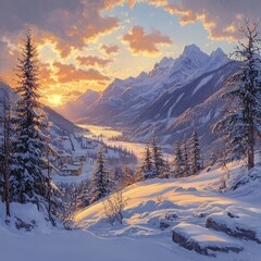 Sticker - A breathtaking view of a snow-covered mountain valley at sunset, with a village nestled in the valley below and a golden sky above.