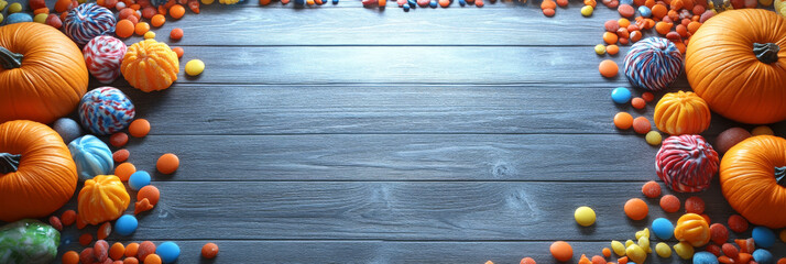 Sticker - Pumpkins & candy on a wooden table, perfect for Halloween.