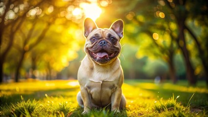 A cheerful French Bulldog Pug mix sits in lush grass, basking in the sunny park, radiating joy and