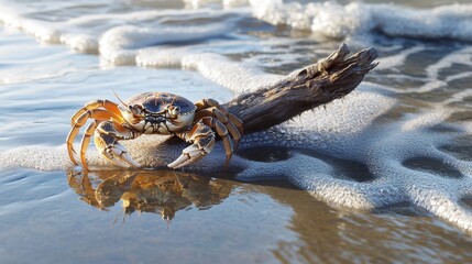 Tranquil Coastal Scene with Crab, Driftwood, and Reflective Waves on Wet Sand under Late-Afternoon Sunlight