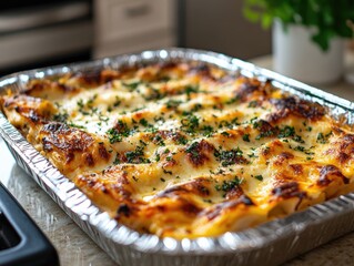 Delicious homemade cheesy lasagna in a tin tray