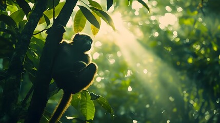 Monkeys sitting peacefully on trees in a vibrant green forest