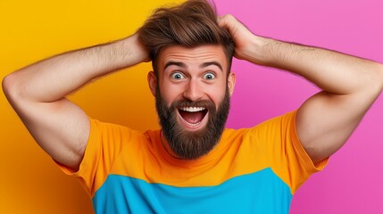 A young man with a beard is wearing a bright orange and blue t-shirt and is looking surprised, shocked, and astonished. He's holding his hands above his head.