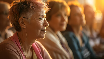 Wall Mural - A woman with glasses is sitting in a crowd of people