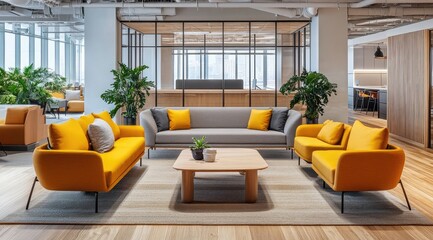 A photo of an open office space with comfortable seating, perfect for casual meeting and collaboration spaces, showcasing the combination of modern design elements like sleek furniture and warm colors