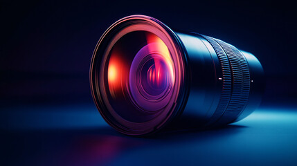 close-up of a camera lens in pink and blue neon lighting - abstract photography stock photo