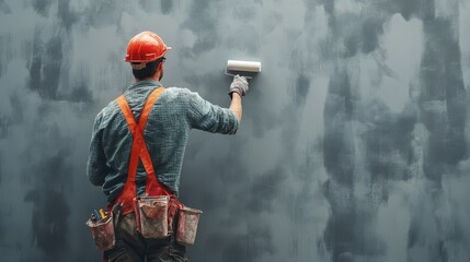 Construction Worker Painting a Wall with a Roller