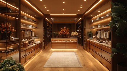 Wall Mural - Modern walk-in closet with mirrored walls, wooden floors, and warm lighting.